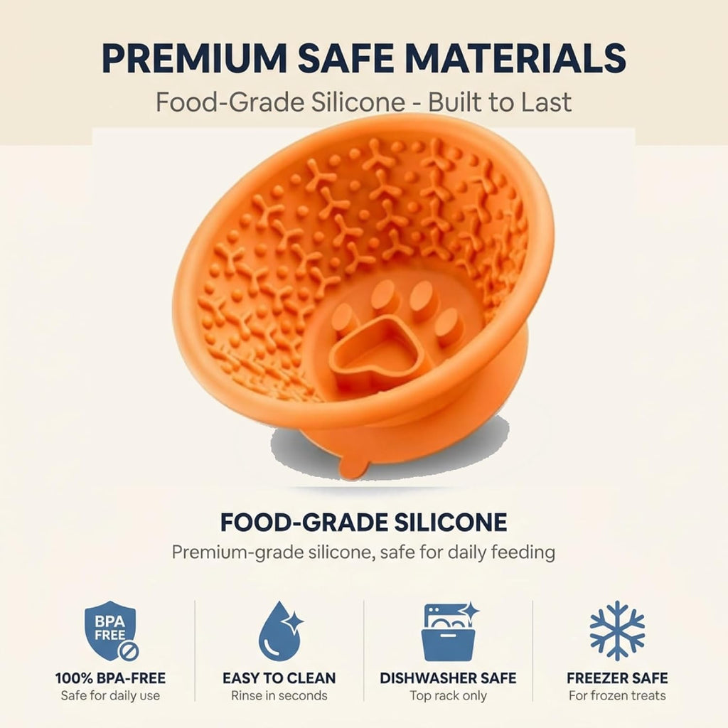 Dog Slow Feeder Lick Bowl to Prevent Fast Eating, Steel Reinforced Rim, Non-Slip Suction Base, BPA-Free Silicone, Dishwasher & Freezer Safe, Helps Extend Mealtime & Keep Dogs Calm(Orange)