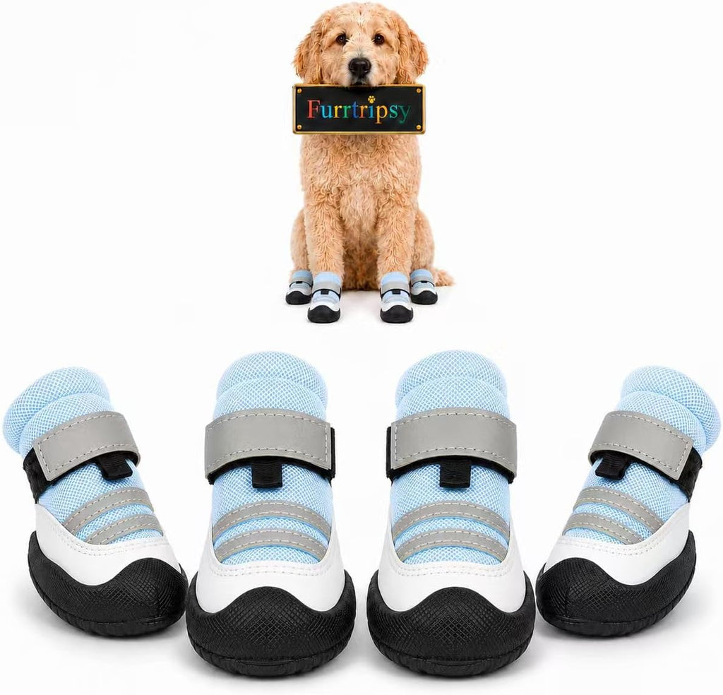 Dog Boots, Waterproof Dog Shoes with Reflective Straps, Rugged Anti-Slip Sole Paw Protectors for Medium Large Dogs, Breathable Pet Booties for Hot Pavement, Snow, Hiking, 4Pcs