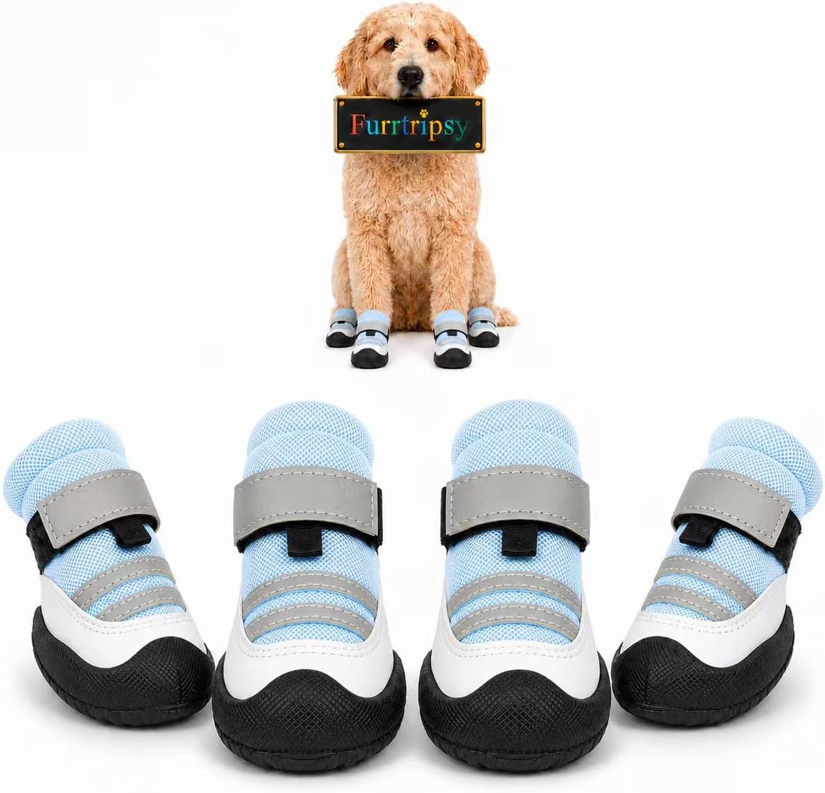 Dog Boots, Waterproof Dog Shoes with Reflective Straps, Rugged Anti-Slip Sole Paw Protectors for Medium Large Dogs, Breathable Pet Booties for Hot Pavement, Snow, Hiking, 4Pcs