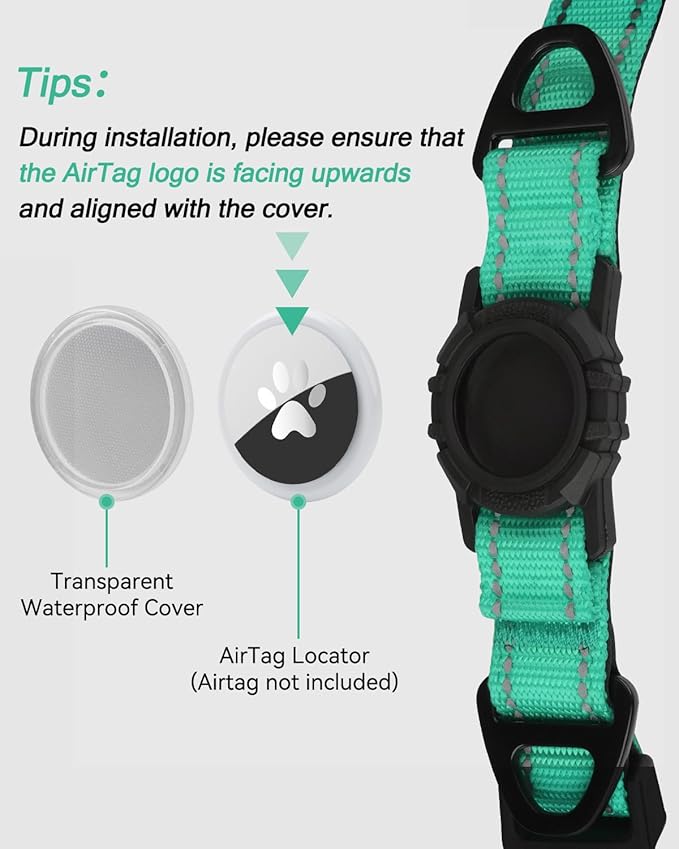 Joytale Airtag Dog Collar, Reflective Pet Collar with Waterproof AirTag Holder, Dual D-Rings, Soft Padded Adjustable for Extra Small and Puppy Dogs, Teal, XS