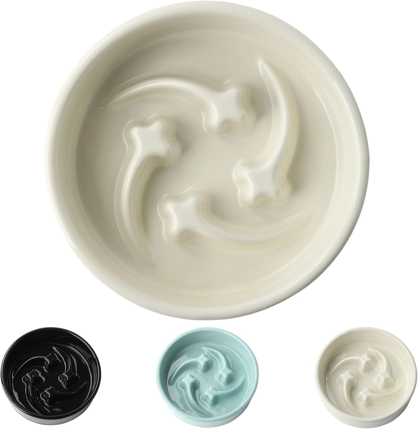 Ceramic Slow Feeder Dog Bowls Small Breed, 0.6 Cups, 6.4 Inch Beige | Raised maze design slows fast eating for small dogs, puppies and cats; heavy ceramic, non-slip and dishwasher safe.