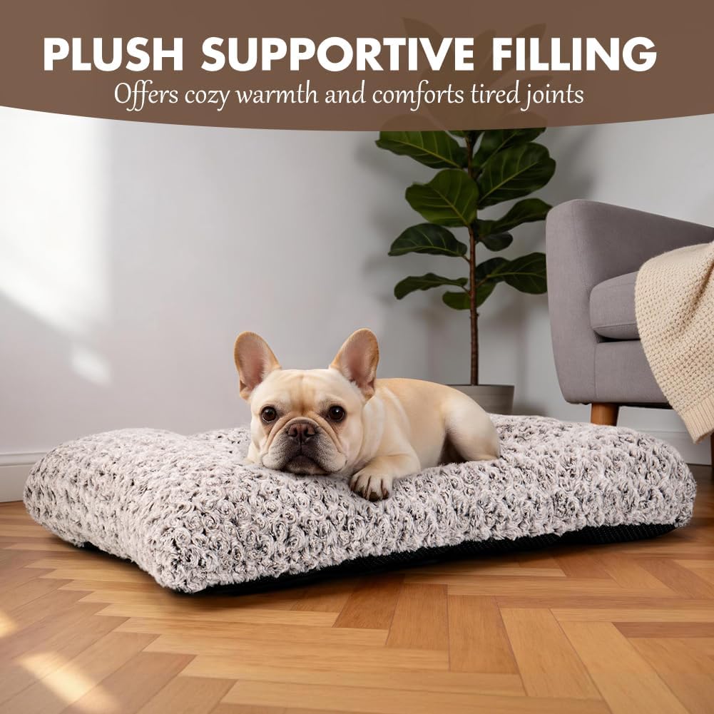 Dog Bed Crate Pad - Rosette Pattern White Velvet Pet Bed Anti-Slip Comfy Kennel Pad for Crates Rosette Brown S