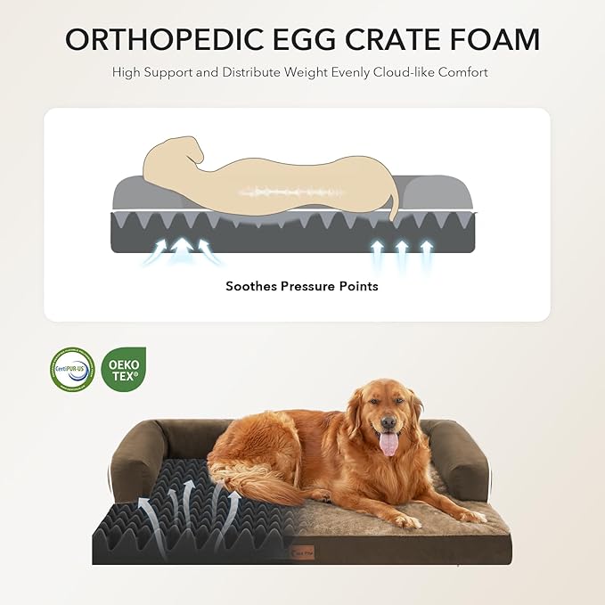 Orthopedic XXL Dog Beds, Waterproof Egg Crate Foam Big Pet Bed for All Breed Sized Dogs 53x42Inch, Washable Extra Large Dog Couch Bed with Removable Cover and Non-Slip Bottom, Brown