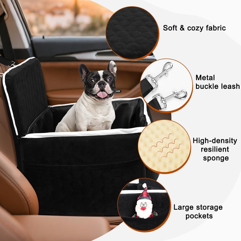 SZEE Dog Car Seat for Small/Medium Sized Dogs up to 35 lbs, Dog Booster Car Seat with Detachable Protective Leather Cover, Save Cleaning Effort, Reclinable Backrest (Black)