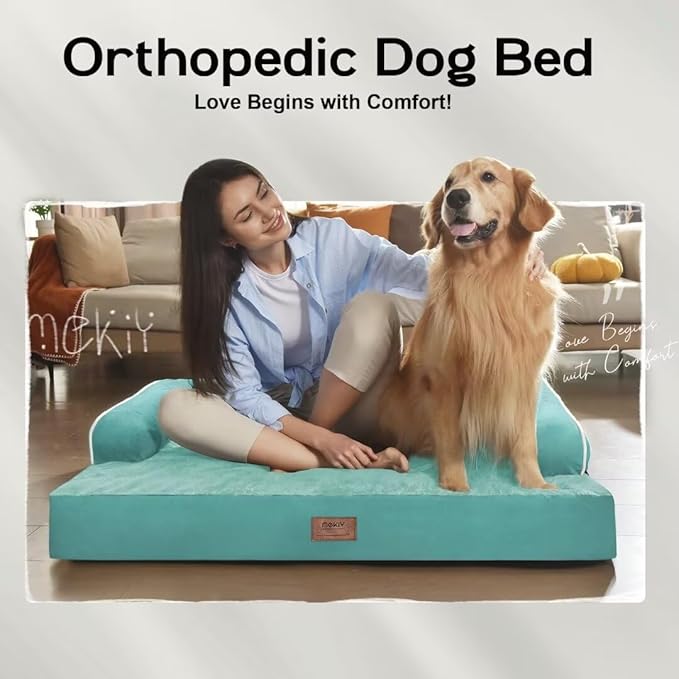 Orthopedic Washable Large Dog Bed, Dog Beds with Removable Cover, Large X XL Pet with Bolster, Washable Aqua Blue Sofa with Orthopedic Egg Foam for Medium Large Dogs