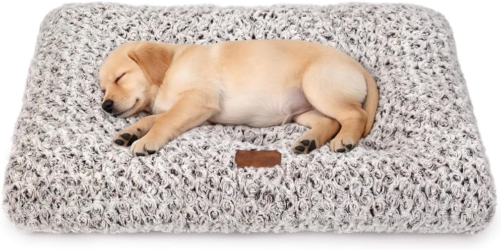 Dog Bed Crate Pad - Rosette Pattern White Velvet Pet Bed Anti-Slip Comfy Kennel Pad for Crates Rosette Brown S