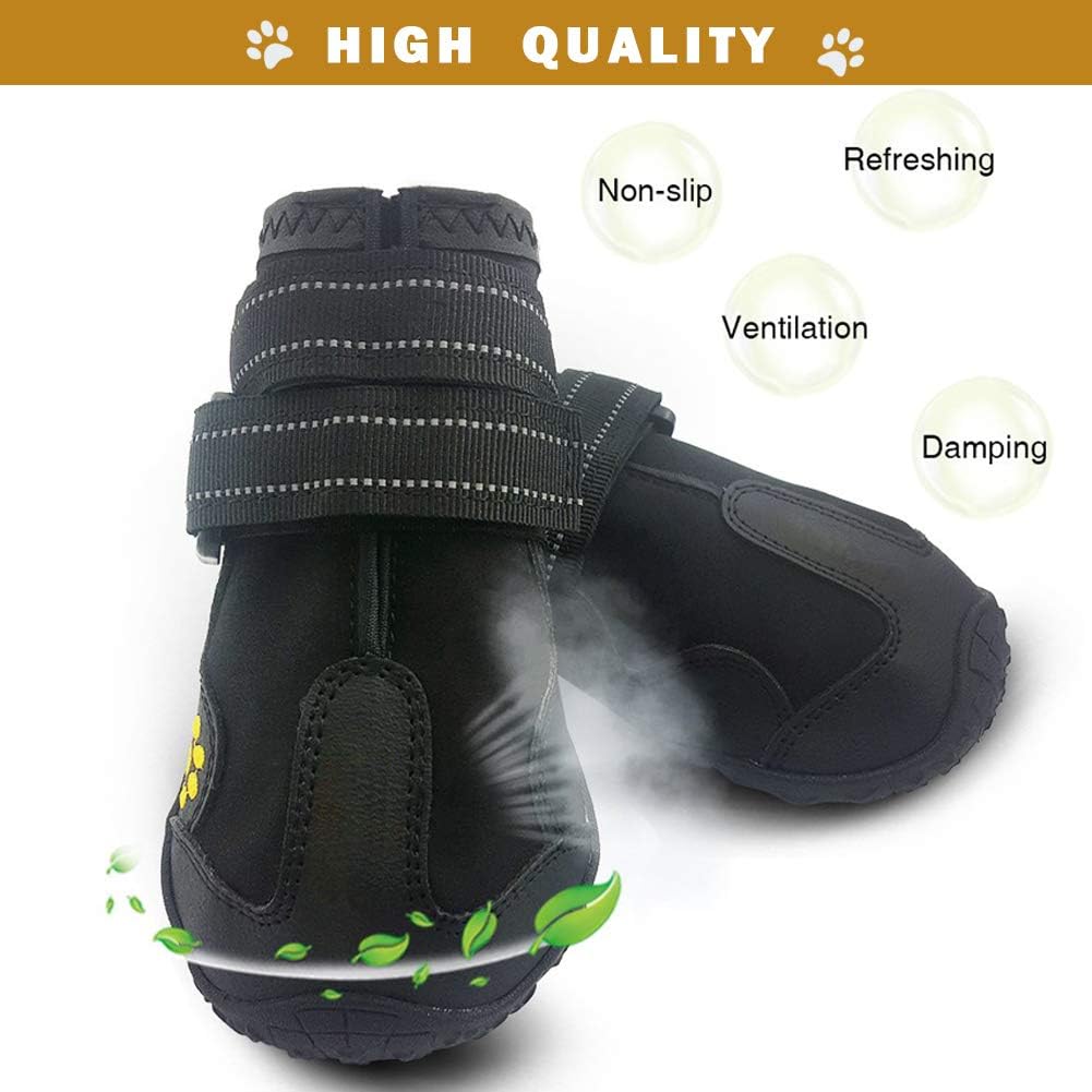 Waterproof Dog Boots, Dog Outdoor Shoes for Medium to Large Dogs with Two Reflective Fastening Straps and Rugged Anti-Slip Sole (2.95" x 2.52",Black 4PCS).