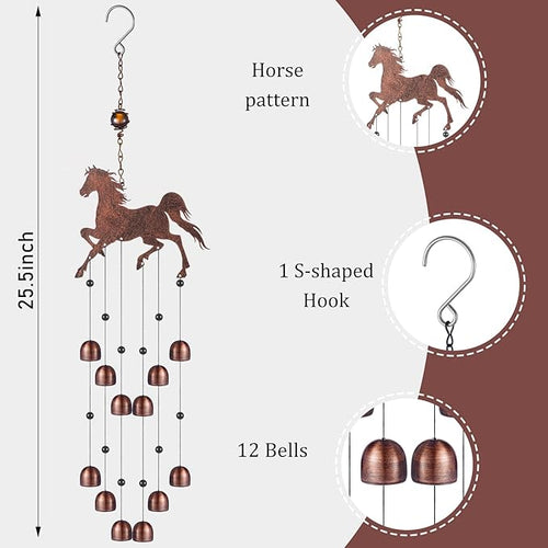 24 Inch Metal Wind Chimes Decor for Outside Garden Birthday Gift for Women Men Bronze Windchimes Pet Memorial Gift with 12 Bell for Patio Yard Lawn Housewarming Front Yard(Horse)