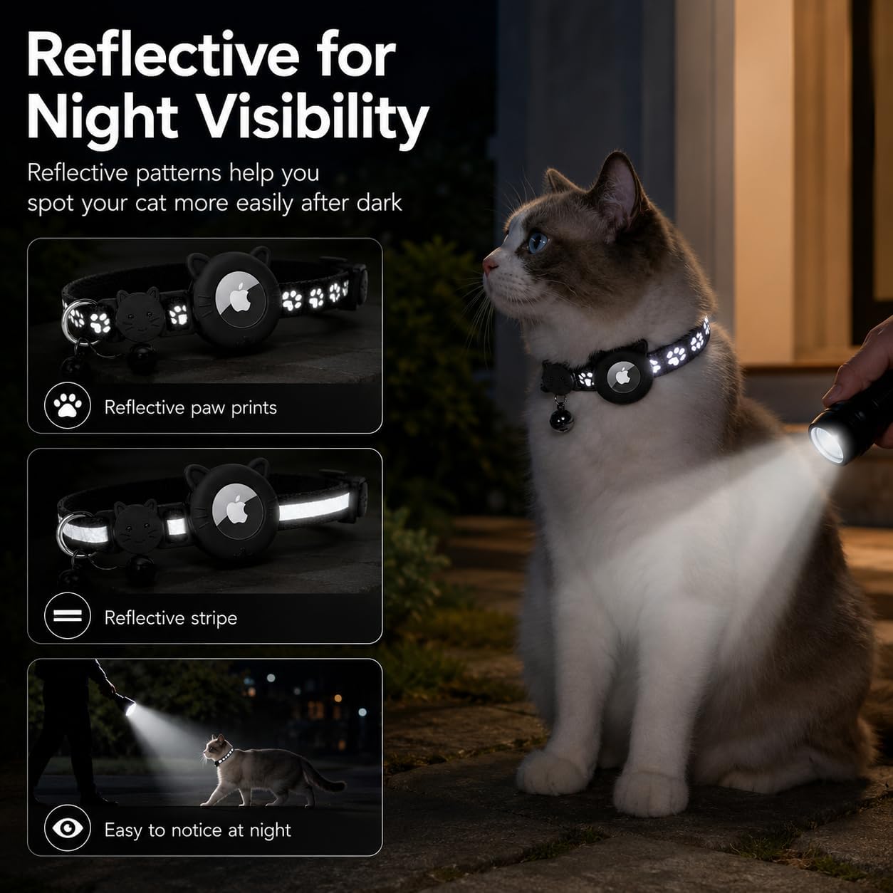 Cat Collar Breakaway 2packs, Reflective Kitten Collar with Apple Air Tag Holder and Bell for Girl Boy Cats, 0.4 Inches in Width and Lightweight (Black)