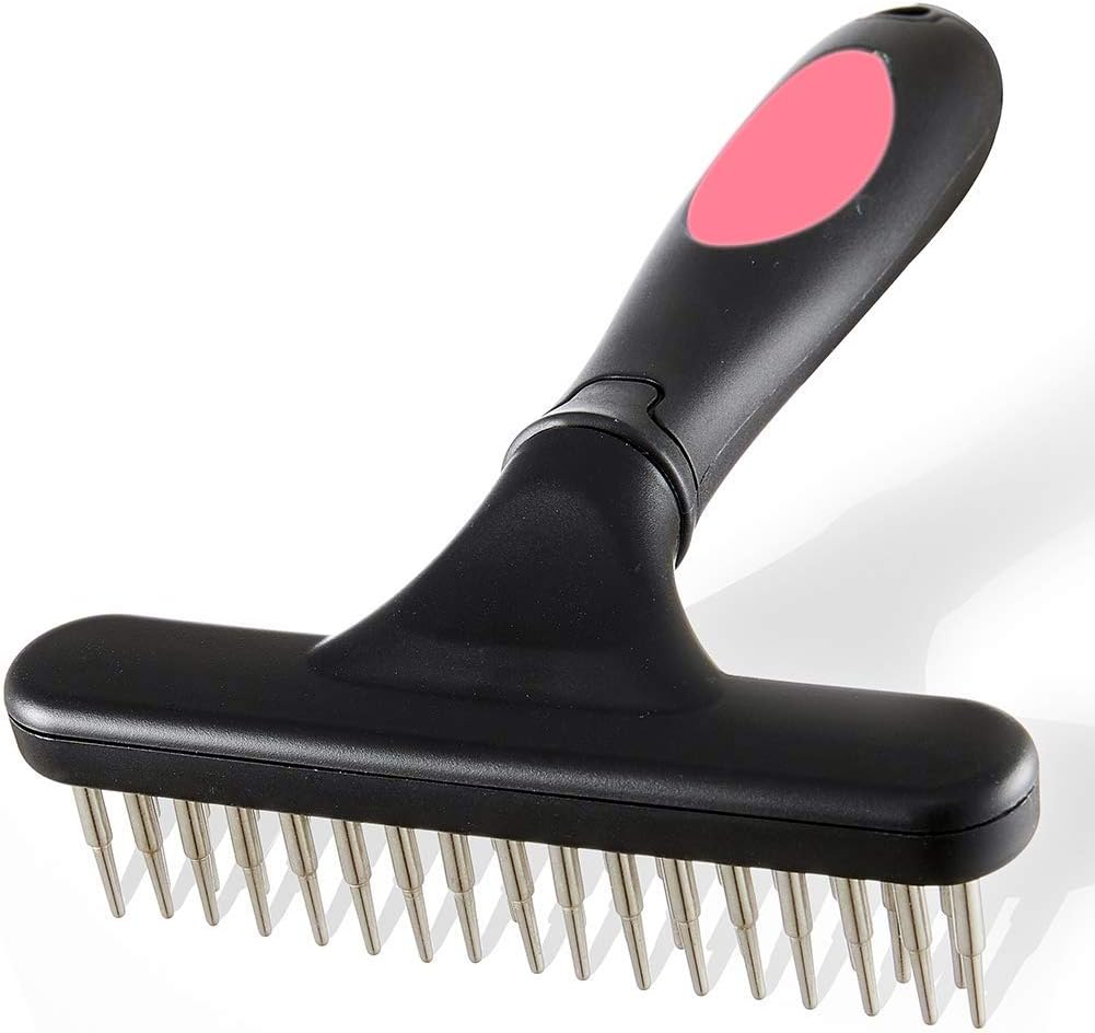 Pet Grooming Rake - Double Row Pins Shedding and Dematting Undercoat Rake Comb for Dogs, Cats, Matted, Short, Long Hair Coats - Safe Grooming & Deshedding Brush - Comb Out Mats & Tangles Easily