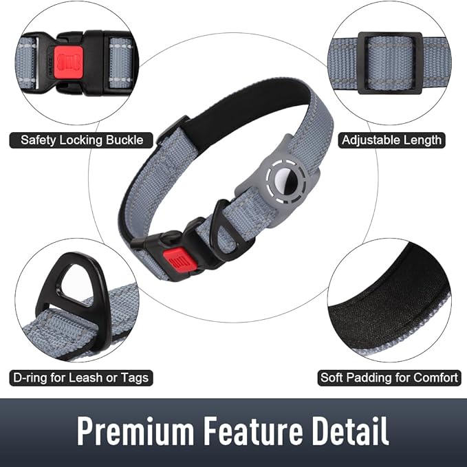 Airtag Dog Collar with AirTag Holder for Large Dogs, Reflective, Soft Padded & Safety Locking Buckle, Nylon Pet Collars Adjustable for All Breeds, Grey,L