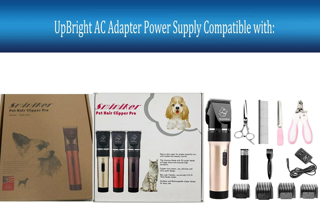 UpBright 2-Prong 5V AC/DC Adapter Compatible with Sminiker Dog Pet Hair Clipper Pro Professional Rechargeable Cordless Low Noise Cat Horse Grooming SMK-002 5VDC 1000mA Power Supply Battery Charger