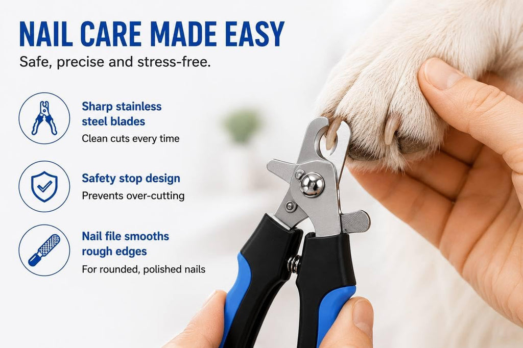 3-in-1 Pet Grooming Kit – Pet Deshedding Glove, 360° Silicone Finger Toothbrush, and Professional Dog Nail Clippers with File – Complete Grooming Set for Cats & Dogs with Short or Long Fur