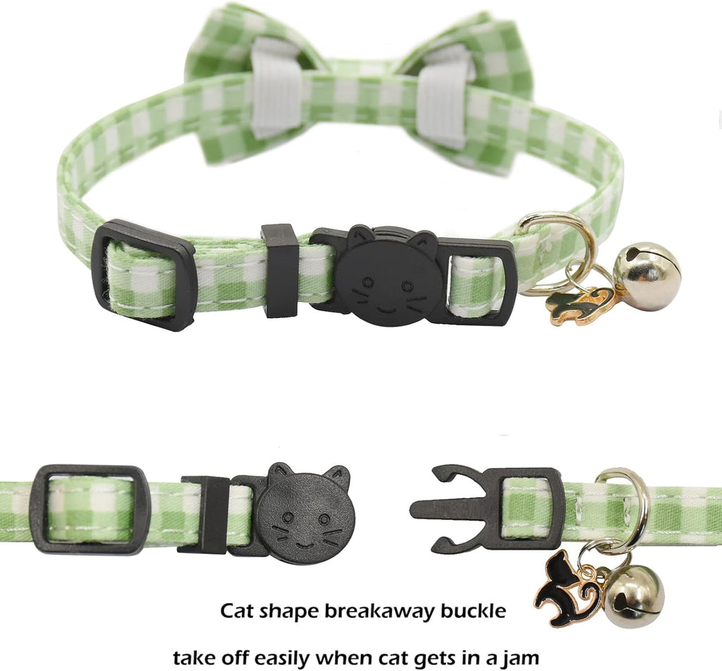 Bowtie Cat Collars Breakaway with Bell, Adjustable Cute Kitty Collars Safety Buckle Kitten Collar for Cat Puppy 7.5-11in (Green Plaid)