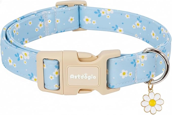 Dog Collar for Small Medium Large Dogs, Spring Blue Dog Collars with White Flowers, Adjustable Cotton Dog Collars, Cute Girl or Boy Dog Collar Ideal for Gifts,Pet Accessory,L
