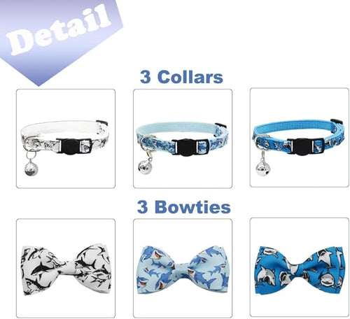 3 Pack Cat Collar Breakaway with Removable Cute Bow Tie and Bell Adjustable Safety Buckle Shark Print White Light Blue and Blue