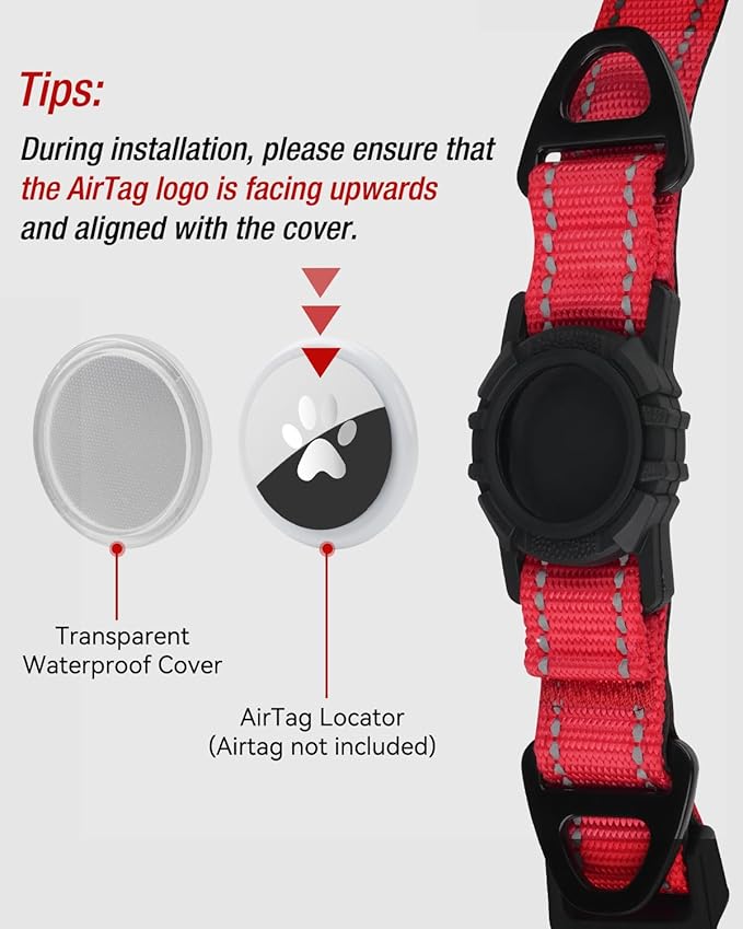 Joytale Airtag Dog Collar, Reflective Pet Collar with Waterproof AirTag Holder, Dual D-Rings, Soft Padded Adjustable for Medium Dogs, Adjustable Length 15"-20", Red, M