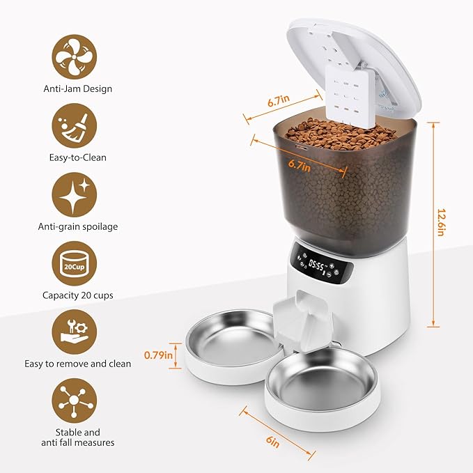 Automatic Cat Feeder and Water Fountain, 5L/20 Cups Timed Cat Dry Food Dispenser, 10s Meal Call, 20 Portions 6 Meals Per Day, 2L Cats Fountains for Drinking with Filter, Pet Feeder for Dog White