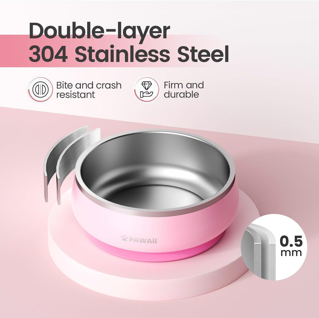 Pawaii Dog Bowl,34 oz Stainless Steel Food and Water Bowl,ID Tag,1 Pack | Double-Wall Design,Non-Slip Rubber Base,Dishwasher Safe,Smooth Open Design, Not a Slow Feeder,Easy-Rinse Interior