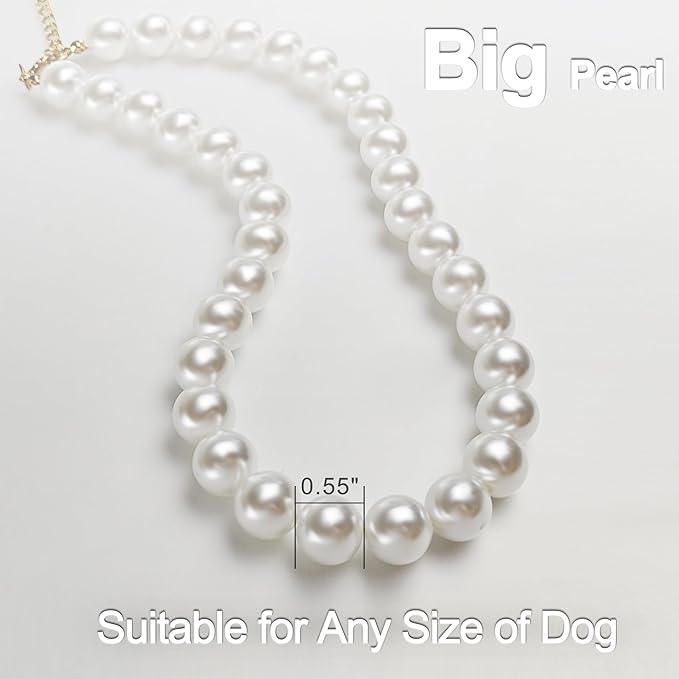 Chunky Pearl Dog Collar(0.55 Inch) for Small Dogs Cats, Adjustable Beaded Dog Collar Imitation White Pearls, Elegant Dog Jewelry Girl Accessories for XS Extra Small Dogs Necklace