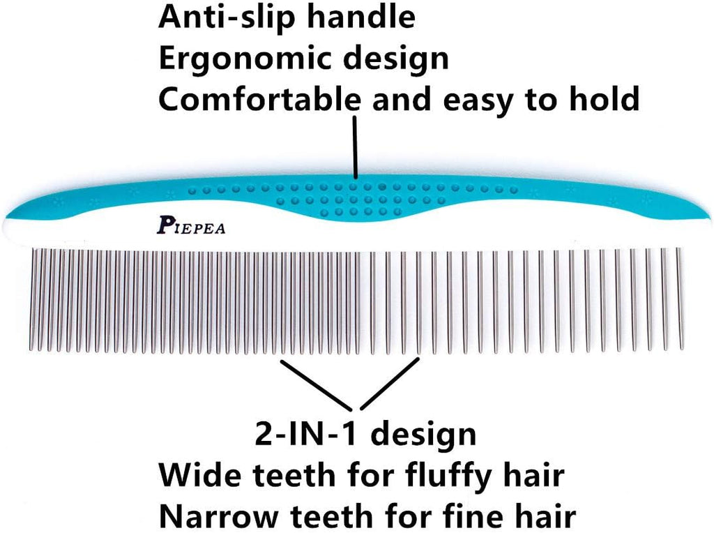 Pet Comb for Dogs and Cats, Stainless Steel Teeth Detangling Grooming Comb | Pets Hair Dematting Deshedding Brush, 7 1/4", Wide & Narrow Teeth, Non-Slip Handle, Remove Tangles, Mats, Knots & Loose Fur
