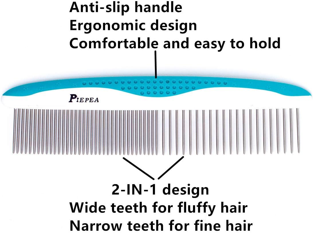 Pet Comb for Dogs and Cats, Stainless Steel Teeth Detangling Grooming Comb | Pets Hair Dematting Deshedding Brush, 7 1/4", Wide & Narrow Teeth, Non-Slip Handle, Remove Tangles, Mats, Knots & Loose Fur