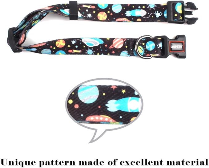 QQPETS Adjustable Soft Dog Collar: Print Flower Pink Multicolor Cute Patterns for XS Small Medium Large Pet Girl Boy Puppy Walking Running Training (S, Space)