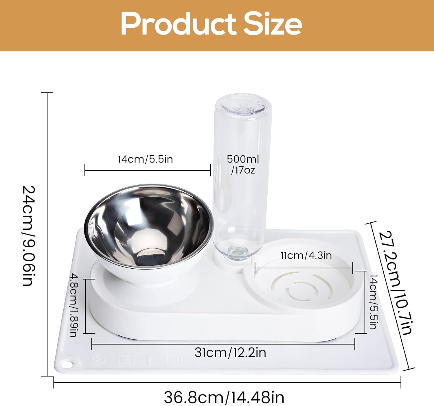2 in 1 Elevated Dog Cat Bowls, 15°Tilted Pets Water and Food Bowl Set, Pet Feeding Bowls with Automatic Water Bottle and Feeding Mat for Kittens and Small Dogs, White