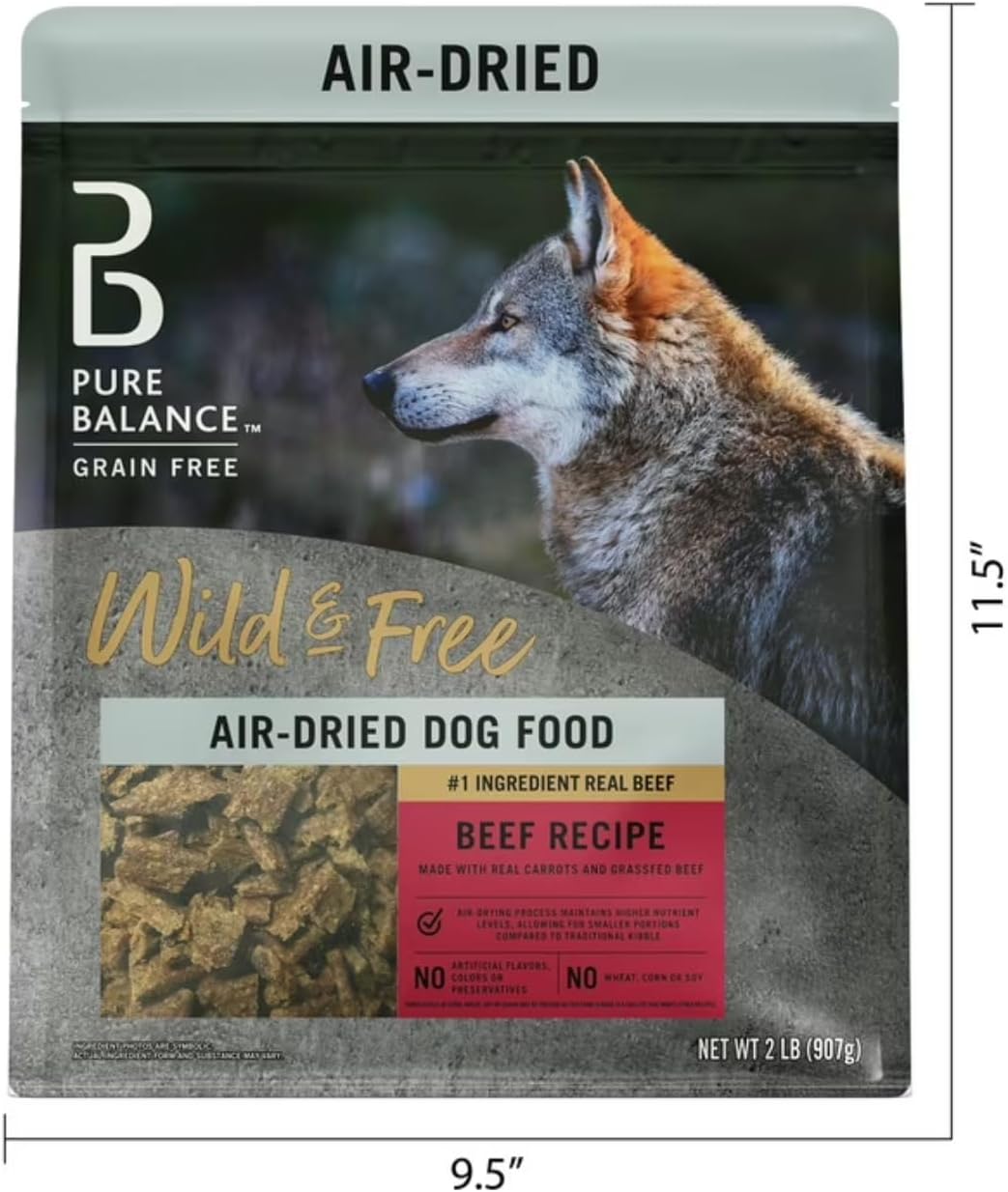 Pure-Balance Air Dried Dog Food Beef Recipe for All Breeds, Grain Free Natural Nutrition with Grassfed Meat, High Protein Shredded Food for Sensitive Stomach, No Soy, No Corn, Dog Meal 2 LB Beef.
