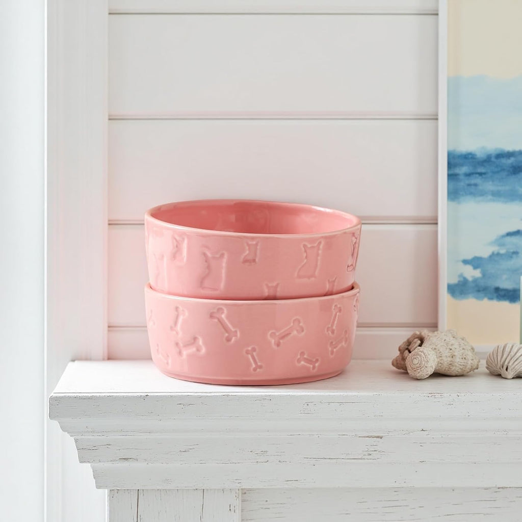 Pink Ceramic Dog Bowls, Set of 2, 5 Inch | For Food and Water, Small Size Dogs/Puppy, Cute Pet Dishes