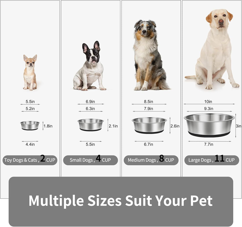 Taglory Stainless Steel Dog Bowls Set of 2, Non-Slip Base, 8 Cup, 59oz | Silicone base stays put on tile & hardwood, dishwasher-safe, food or water for medium to large dogs, Indoor Outdoor Use