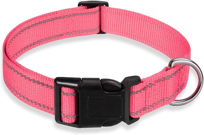 Reflective Dog Collar with Buckle Adjustable Safety Nylon Collars for Small Medium Large Dogs, Light Pink L