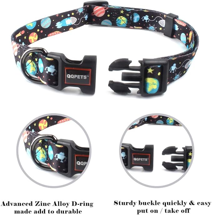 QQPETS Adjustable Soft Dog Collar: Print Flower Pink Multicolor Cute Patterns for XS Small Medium Large Pet Girl Boy Puppy Walking Running Training (L, Space)