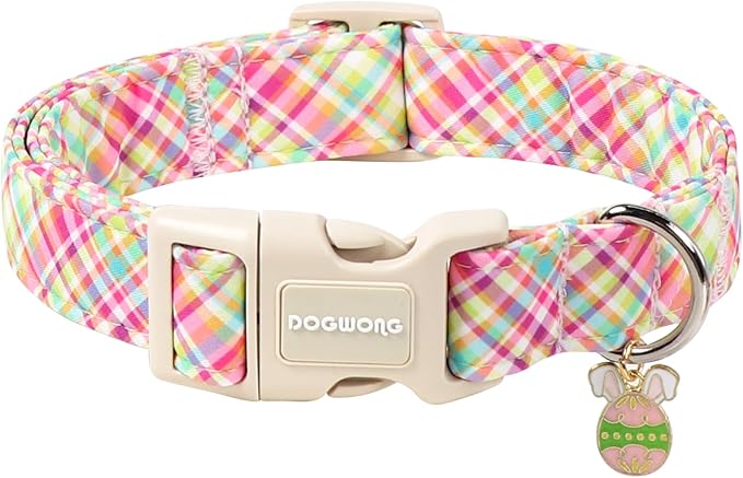 DOGWONG Easter Dog Collar, Cute Easter Colorful Plaid Pet Collar Durable Holiday Girl Boy Adjustable Cotton Dog Collars for Small Dogs,S Visit The Elegant Little Tail Store