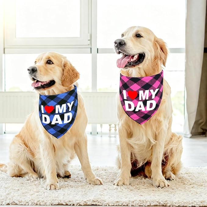 GreenJoy Cute Plaid Dog Bandana – Washable Pet Triangle Scarf for Small, Medium, Large Dogs and Cats, Adjustable Pet Accessory for Birthday, Wedding and Christmas (Pink (I Love My Dad), Large)