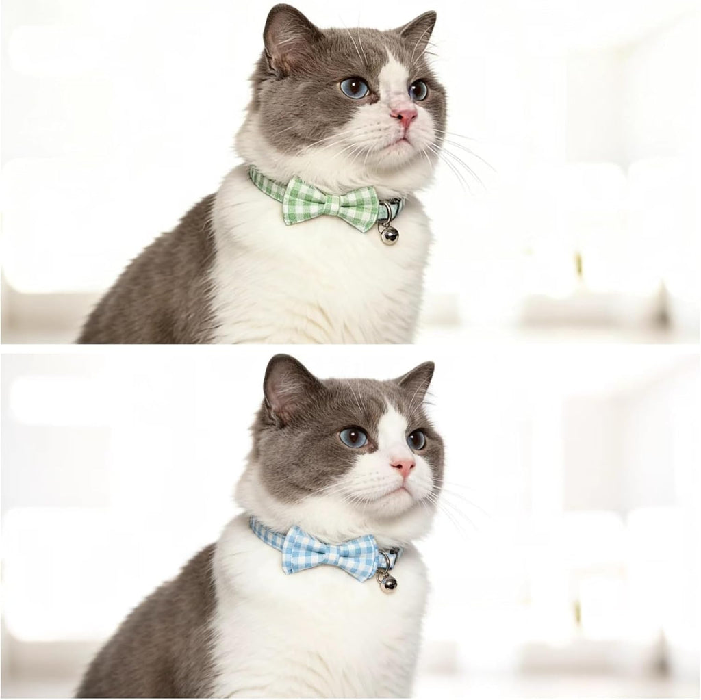 Bow Tie Cat Collar Breakaway with Bell Safety, Removable Bowtie, Adjustable Kitten Collars for Girl Boy Kitty Small Pets, 7"-11" Plaid Blue
