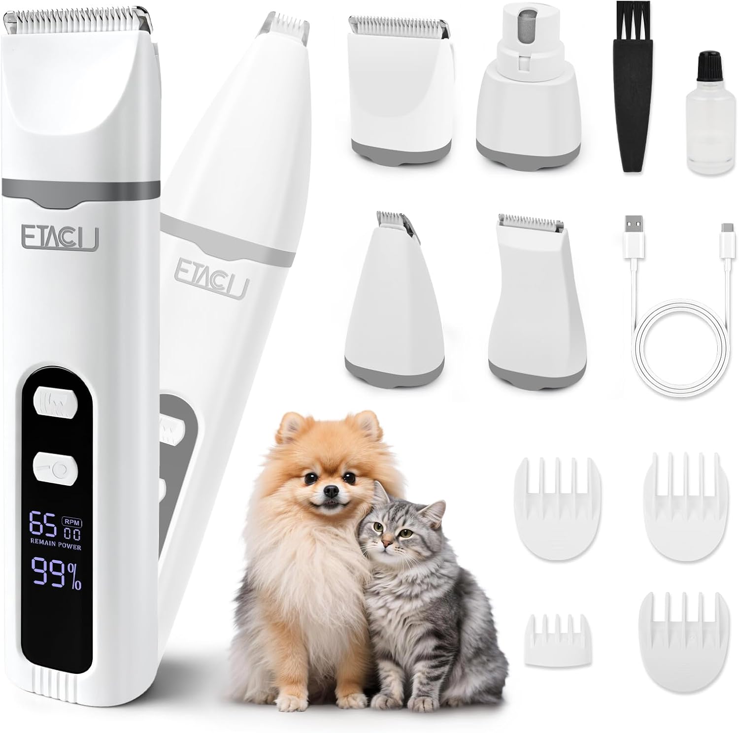 ETACCU 4 in 1 Dog Clippers Grooming Kit with LED Display, Cordless Dog Quiet Hair Trimmer for Paw Nail Grinder, Rechargeable 2-Speed Cat Clippers Face Shaver for Paw Nail Body Ear