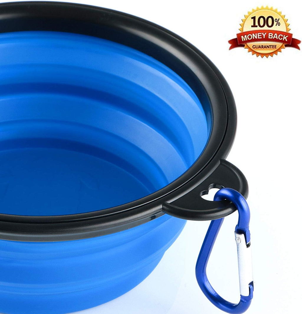 Collapsible Silicone Dog Bowls, 3-Pack Travel Pet Food Water Bowls | Orange, green & blue. 5.1 in wide, 2.1 in tall, folds to 0.5 in. Holds 12 oz water or 1.5 cups food. Includes ID tag.