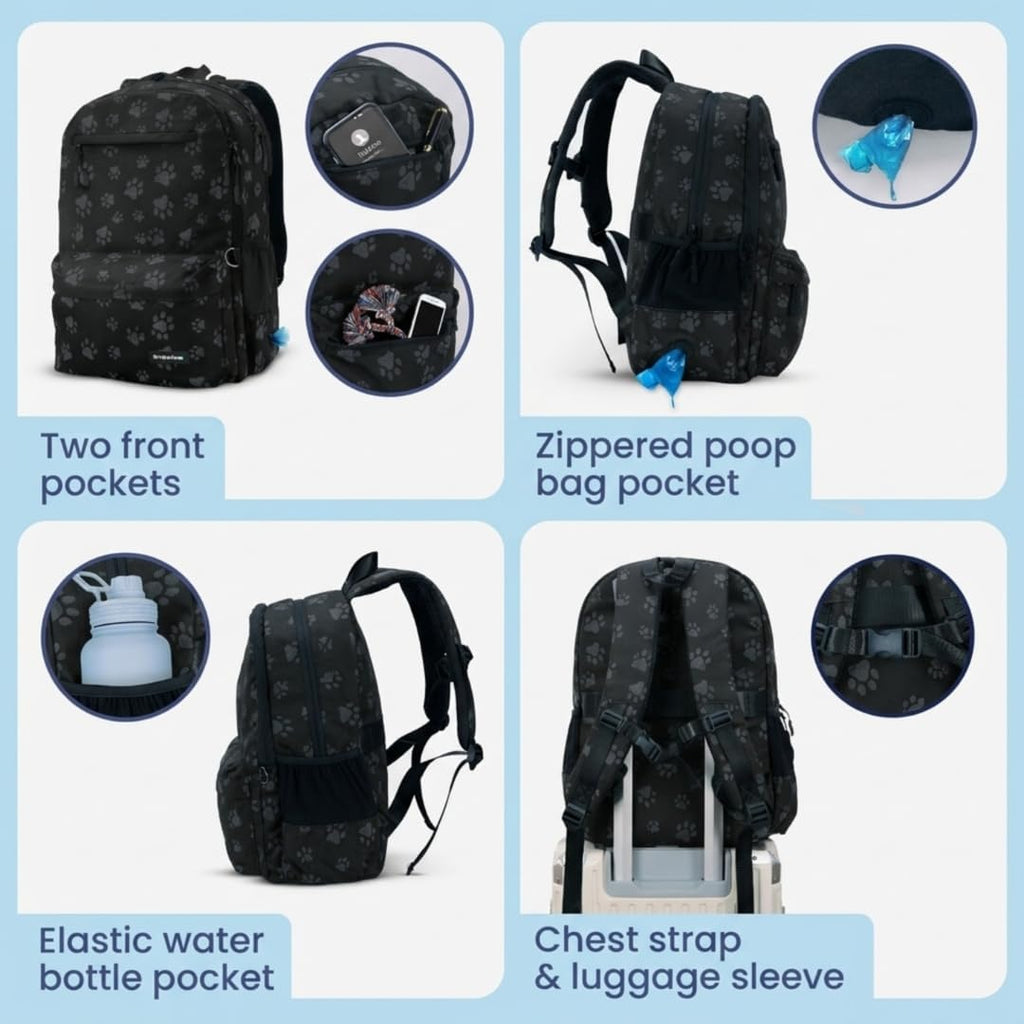 Dog Travel Backpack for Supplies - Dog Diaper Bag with Travel Bowls | 2 BPA-Free Bowls; Food Container & Treat Pouch; Placemat; Laptop Sleeve; Poop Bag Dispenser, Hiking, Camping & Road Trips,