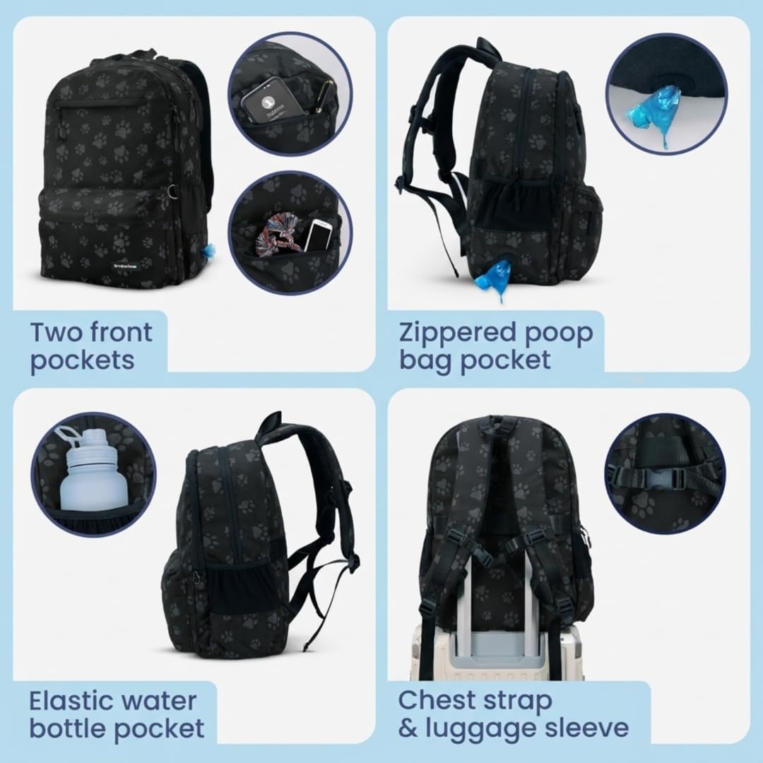 Dog Travel Backpack for Supplies - Dog Diaper Bag with Travel Bowls | 2 BPA-Free Bowls; Food Container & Treat Pouch; Placemat; Laptop Sleeve; Poop Bag Dispenser, Hiking, Camping & Road Trips,
