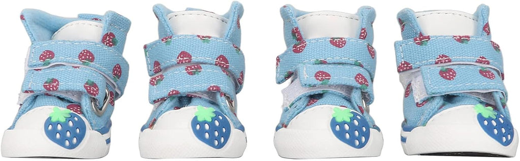 TITA-DONG Small Dog Shoes, Breathable Dog Boots for Summer Hot Pavement, Cute Strawberry Comfortable Slip Resistant Canvas Puppy Boots Paw Protectors for Small Medium Large Dogs Blue(Type 2)