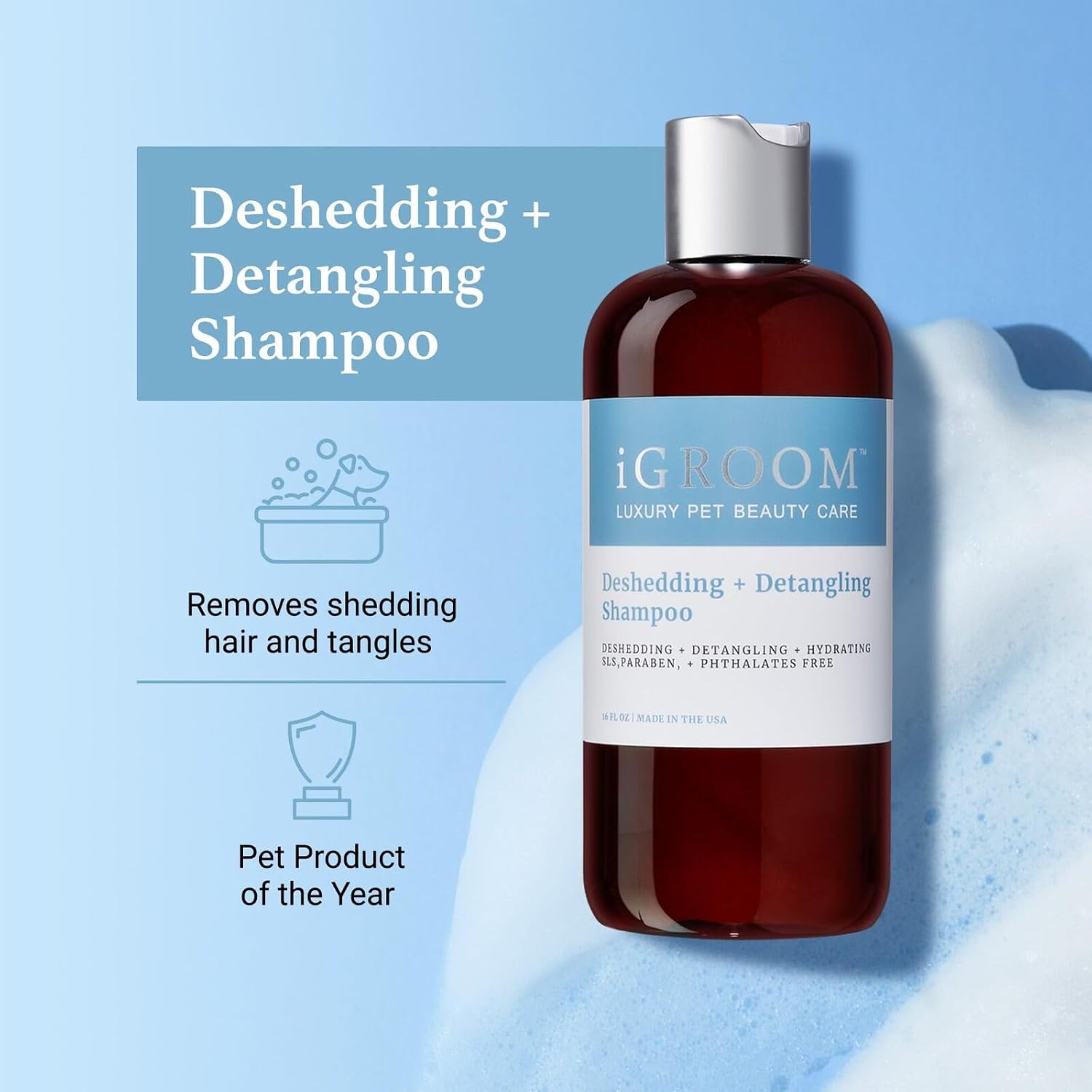 iGroom Deshedding & Detangling Dog Shampoo, Luxury Pet Beauty Care, Loosen Tangles + Unwanted Undercoat, Adds Shine + Volume, Made in USA (16 OZ)