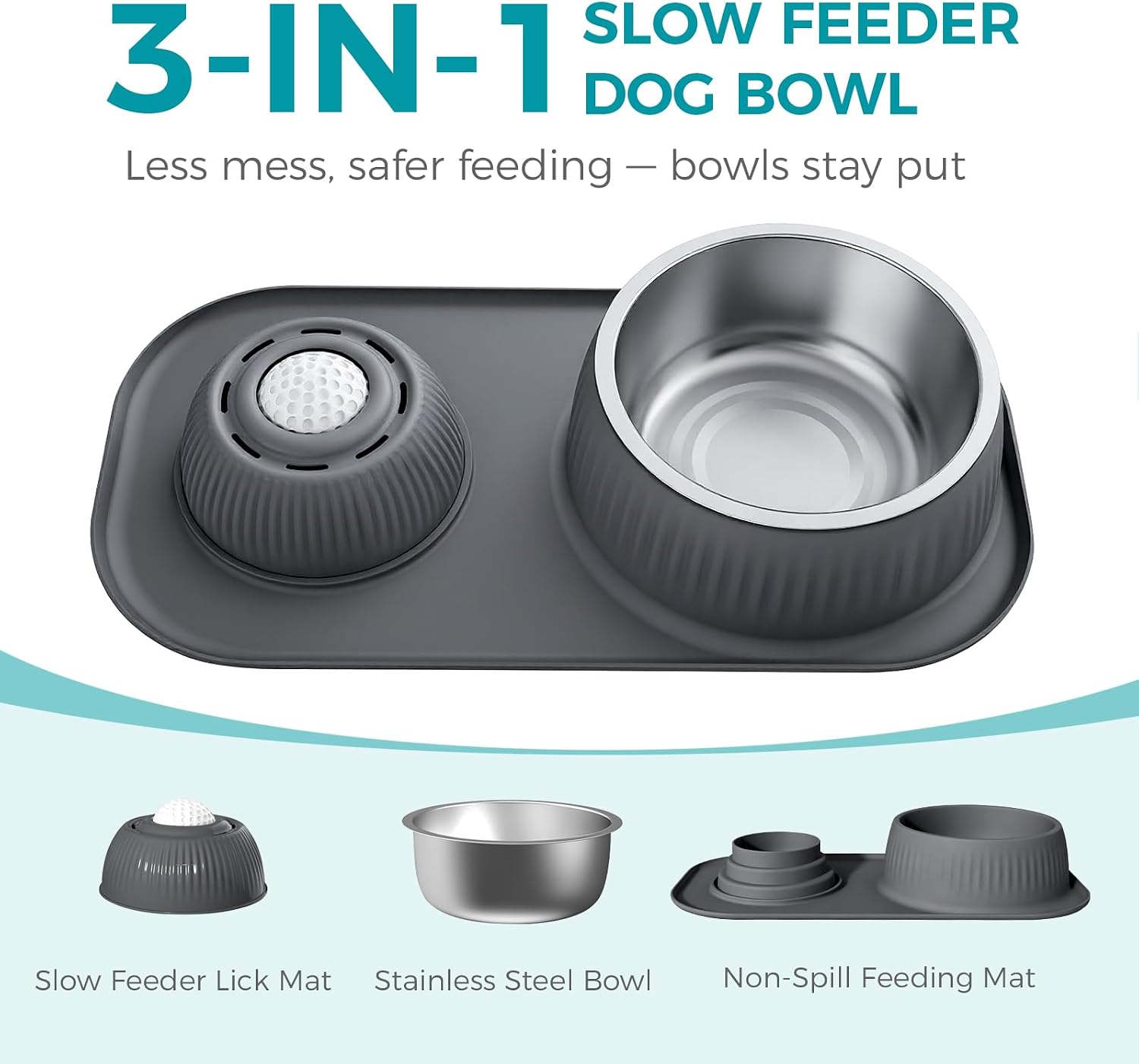 Dog Licking Bowl with Rolling Ball,Food and Water Bowl Set Slow Feeder | Spill proof & no tipping bowl mat features raised edge design to block splashes portable as travel dog bowls for outdoor trip