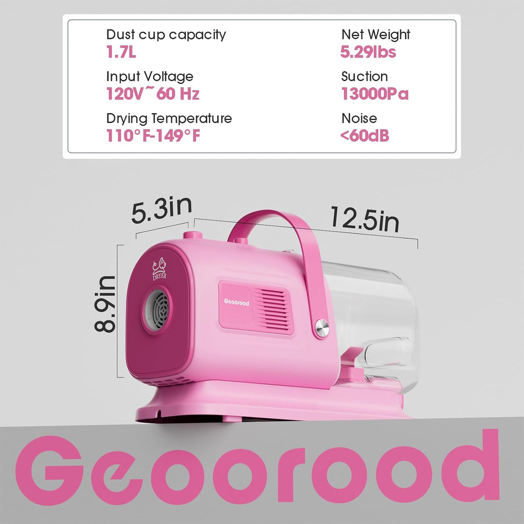 Dog Grooming Vacuum and Dryer Kit, Blower for Pet Vacuum Grooming 7 in 1 with Clippers for Dogs Hair Shedding Brush Remover Tools at Home Pink