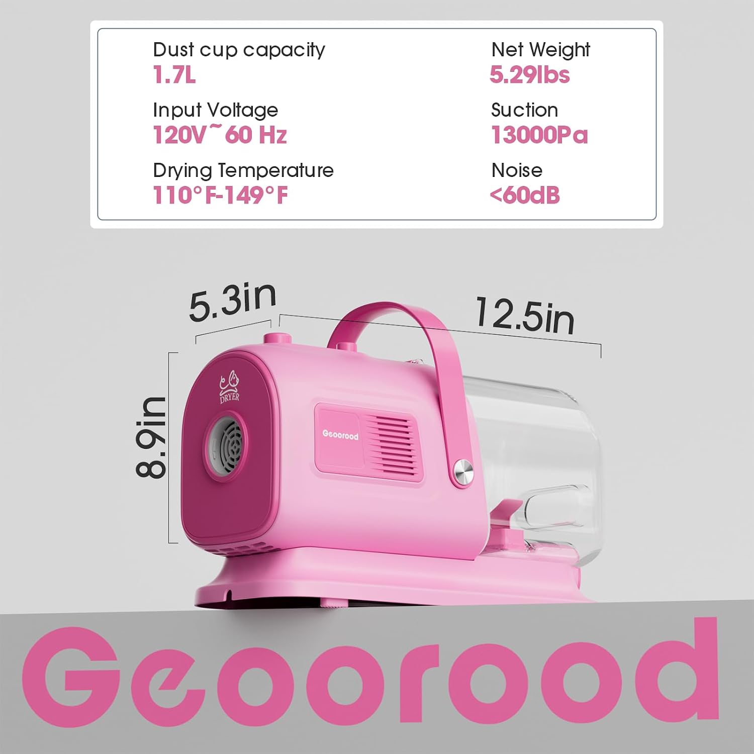 Dog Grooming Vacuum and Dryer Kit, Blower for Pet Vacuum Grooming 7 in 1 with Clippers for Dogs Hair Shedding Brush Remover Tools at Home Pink