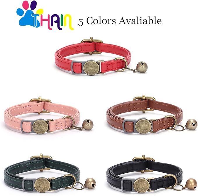 THAIN Leather Cat Collar with Bell Breakaway- Adjustable, Durable, Retro Bell fit Most Cats and Kittens (Brown)