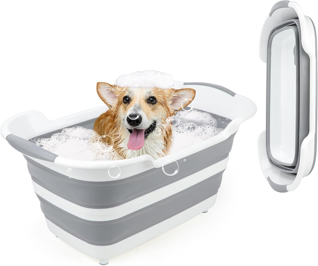 FHTONGE 7.13 Gal/27L Raised Collapsible Dog Bathtub with Drain Fur Catcher | Multifunctional Pet Washtub for Small to M Dog, Portable Puppy Tub Cat Shower Basin Laundry Basket Storage Organize Bucket