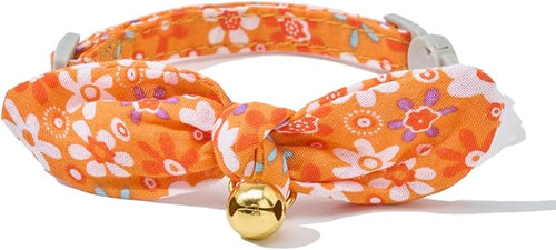 2 Pack Cotton Cat Collar, Removable Bowtie, Floral Pattern, Safety Breakaway Clasp, Adjustable for Cats.(Adult Cat, Orange Plaid and Floral)