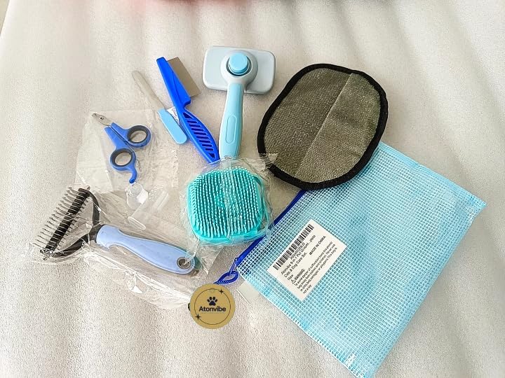 9-in-1 Pet Grooming Kit, Self-Cleaning Slicker Brush, Deshedding Rake, Lint Remover, Nail Clipper & More, Complete Cats & Dog Care Set.