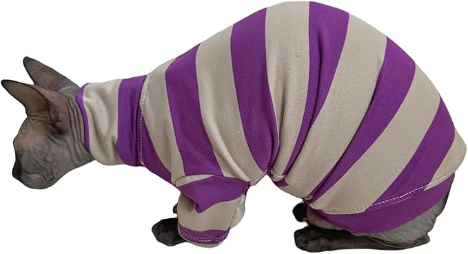 Vintage Stripes Sphynx Hairless Cats Shirt Cotton Cat Turtleneck Pet Clothes Kitten T-Shirts with Sleeves for Sphynx Cats (Wide Purple Grey Stripe, XX-Large)
